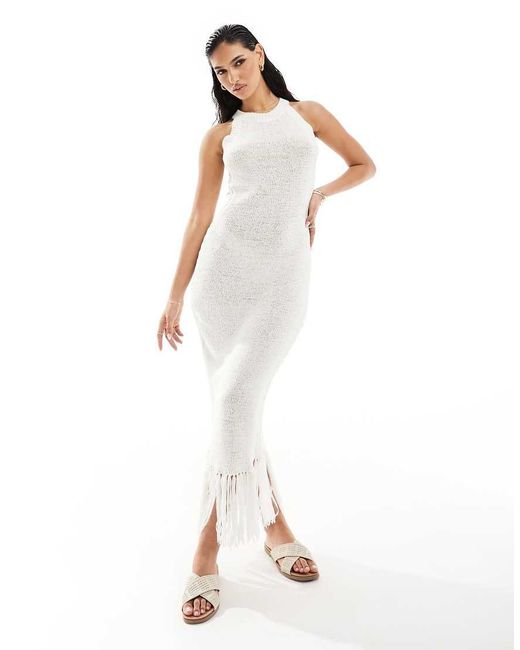 In The Style White X Georgia Louise Fine Knit Halterneck Tassel Hem Midaxi Dress