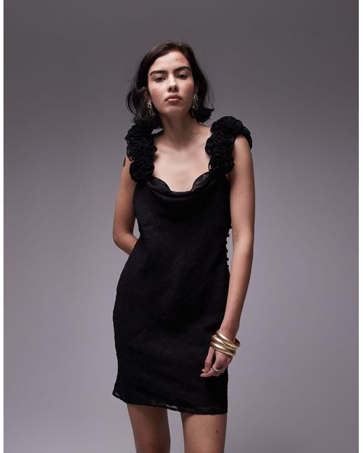 TOPSHOP Black Slip Mini Dress With 3d Ruffle Sleeve