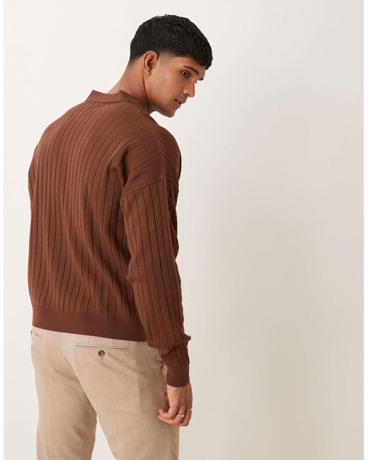 ASOS – langärmliges, geripptes strick-polohemd in Brown für Herren