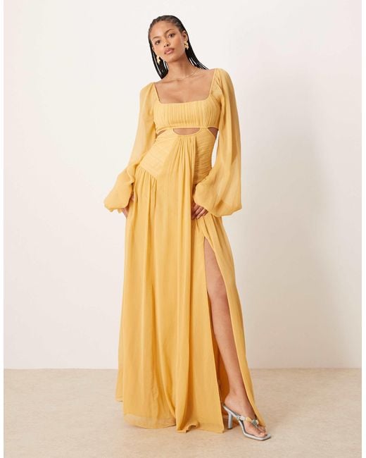ASOS Yellow Asos Design Tall Long Sleeve Cut Out Maxi Dress With Ruched Skirt