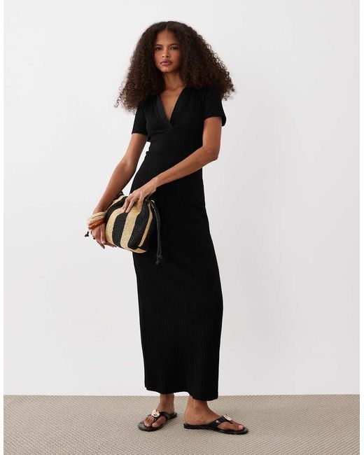 ASOS Black Ribbed Short Sleeve Polo Midi Dress