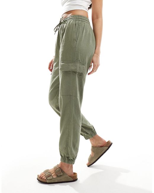 Pantalon cargo à enfiler en lin mélangé - kaki ONLY en coloris Green