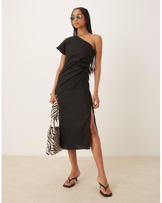 Mango Natural One Shoulder Ruched Waist Linen Dress