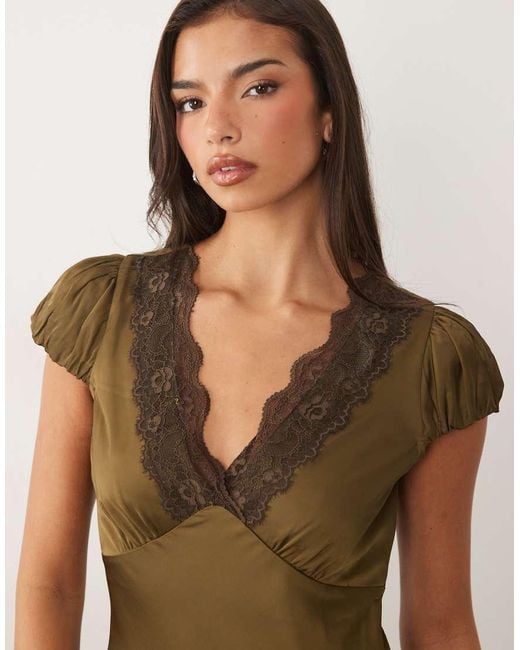 Nobody's Child Natural Gloria Satin And Lace Mix V Neck Split Front Maxi Dress