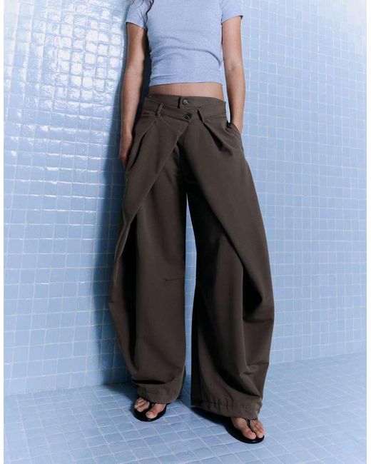 Bershka Gray Barrel Trousers With Pleats