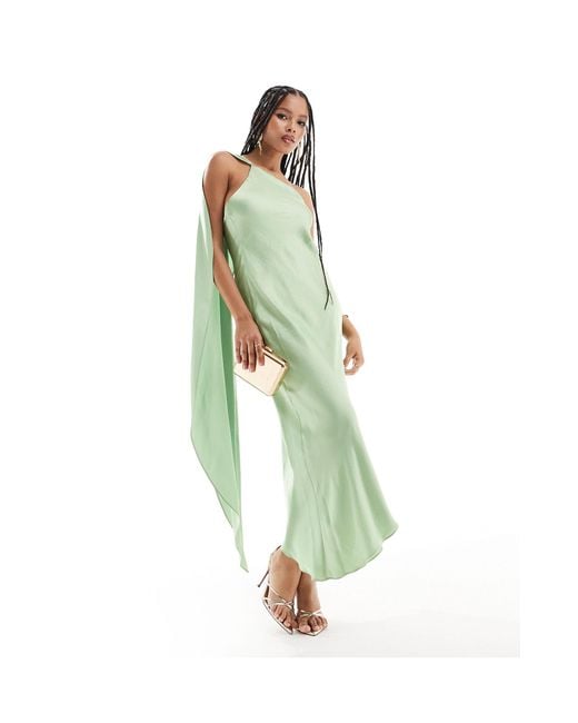 Mango Green One Shoulder Drape Satin Midi Dress