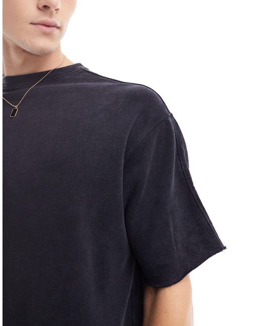 T-shirt nero slavato con orlo grezzo di Pull&Bear in Blue da Uomo