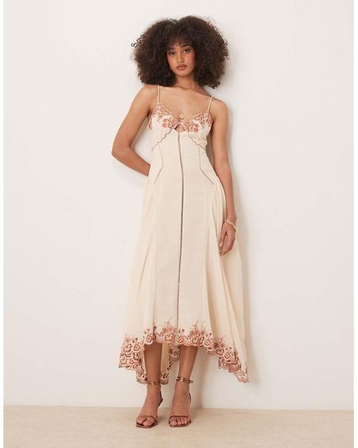 ASOS Natural Contrast Embroidered Cami Midi Dress With Ladder Trim Details
