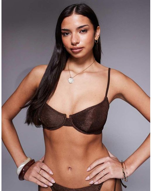The Frolic Brown Exclusive Metallic Crinkle Cupped Bikini Top