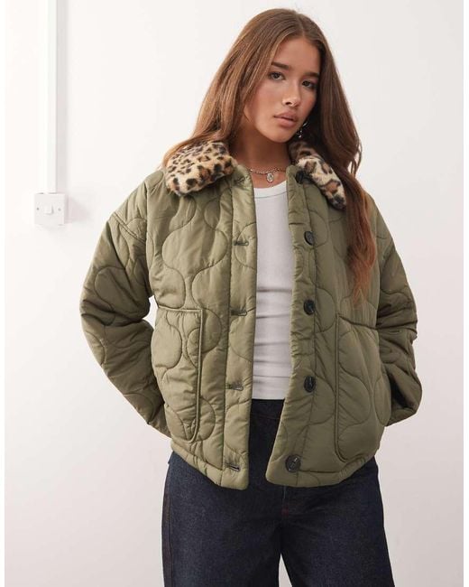 Noisy May Green Faux Fur Leopard Collar Detail Quilted Coat
