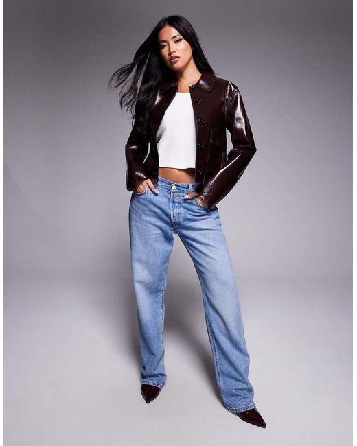 River Island Blue Faux Leather Button Up Jacket