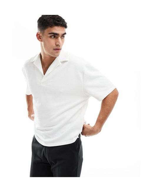 ASOS White Oversized Textured Revere Collar Polo Shirt for men