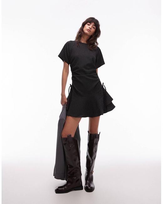 ASOS Black Short Sleeve Mini Dress With Ruching Tie Waist Detail
