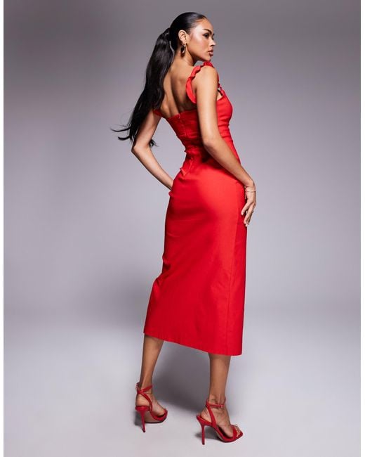 Vesper Red Bengaline Tie Detail Frill Shoulder Thigh Split Midaxi Dress