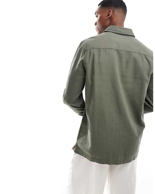 Threadbare Green Long Sleeve Linen Slub Shirt With Utlity Pockets for men