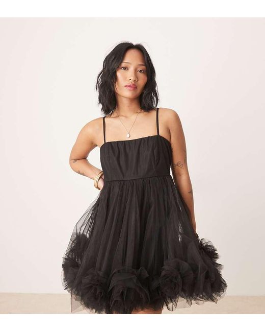 LACE & BEADS Black Bubble Hem Babydoll Micro Mini Dress