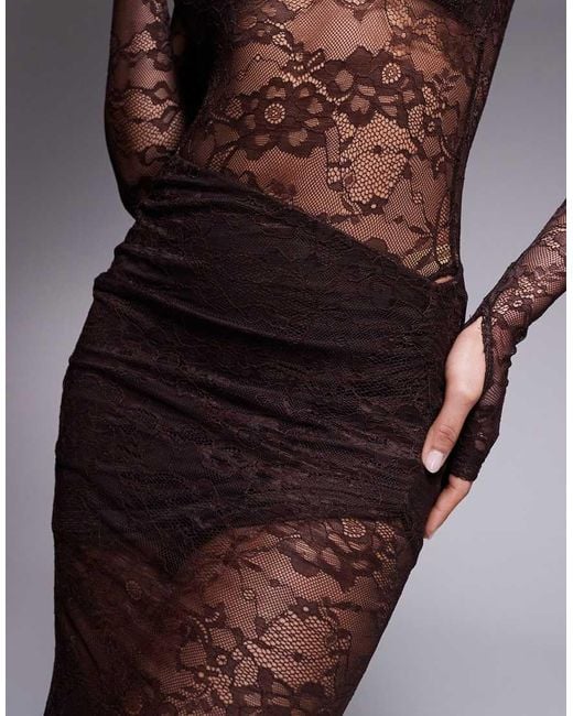 Wanderdoll Brown Britney High Neck Lace Bodysuit And Drape Detail Maxi Skirt Set