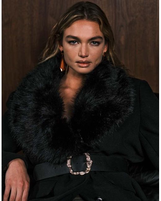 ASOS Black Wool Blend Dad Coat With Faux Fur Collar