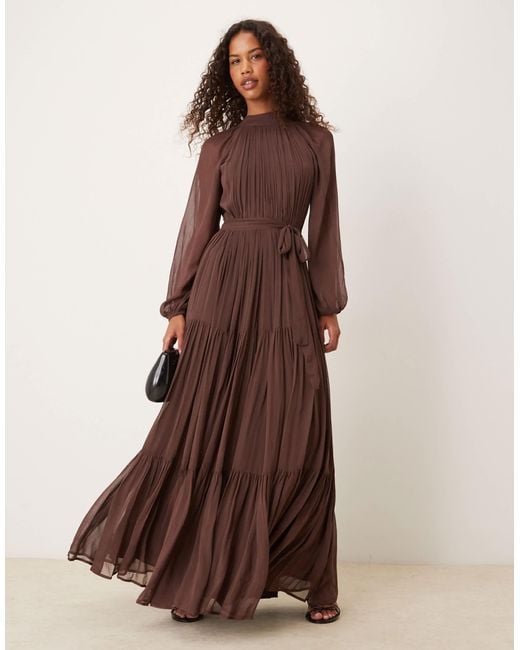 LACE & BEADS Chiffon Balloon Sleeve Maxi Dress in Brown | Lyst