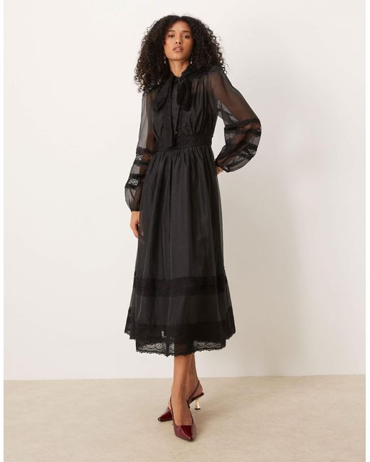 Sister Jane Black Dream Sheer Lace Mix Pussybow Midi Dress