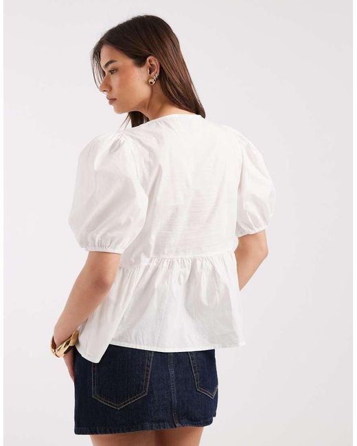 Pieces White Poplin Tie Front Puff Sleeve Top