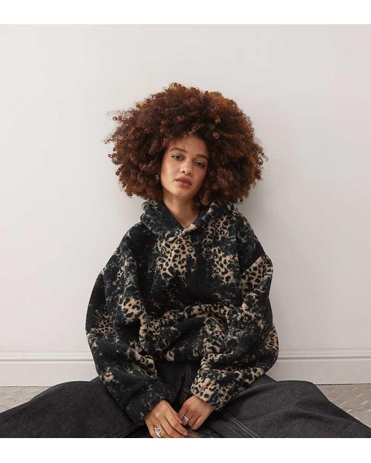 Collusion Brown Colluion Borg Leopard Print Boxy Hoodie