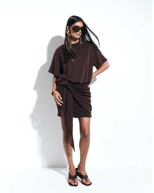 ASOS Black Modal Short Sleeve With Fringed Tie Detail Mini Dress