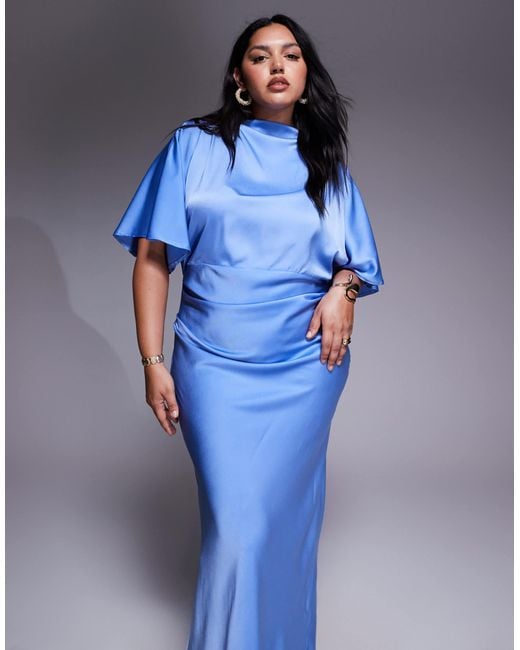 ASOS Blue Asos design curve – hochgeschlossenes blouson-maxikleid aus satin