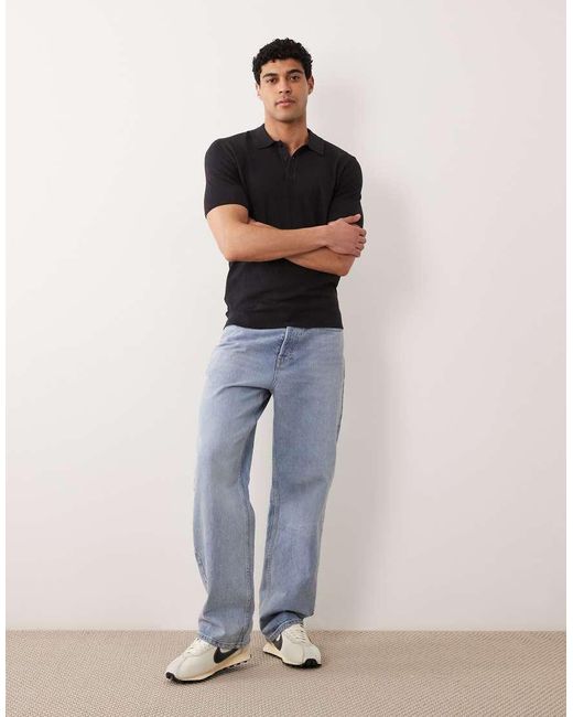 Mango Black Knitted Button Down Short Sleeve Polo Shirt for men