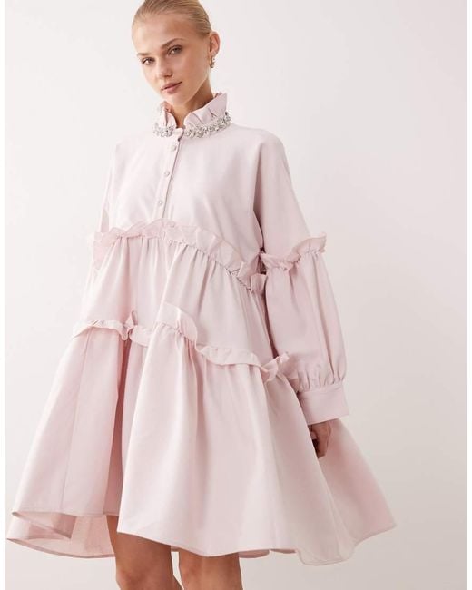 Sister Jane Pink Dream Rising Sun Cotton Smock Embellished Collar Mini Dress