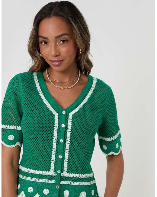 Threadbare Green Crochet Flower Hem Button Up Top