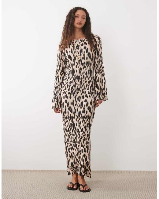 ASOS Brown Long Sleeve Plisse Midi Dress