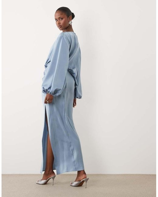 ASOS Blue Asymmetric Bodice Maxi Dress With Blouson Sleeves
