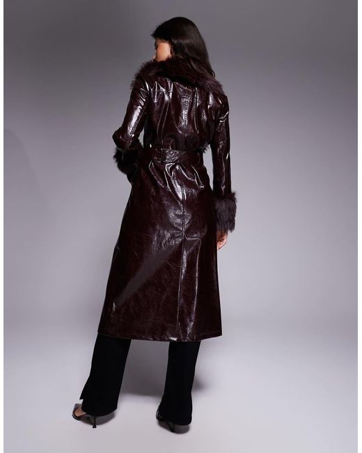 River Island Red Faux Fur Trim Faux Leather Trench
