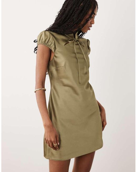 Miss Selfridge Natural Satin Tie Neck Mini Dress