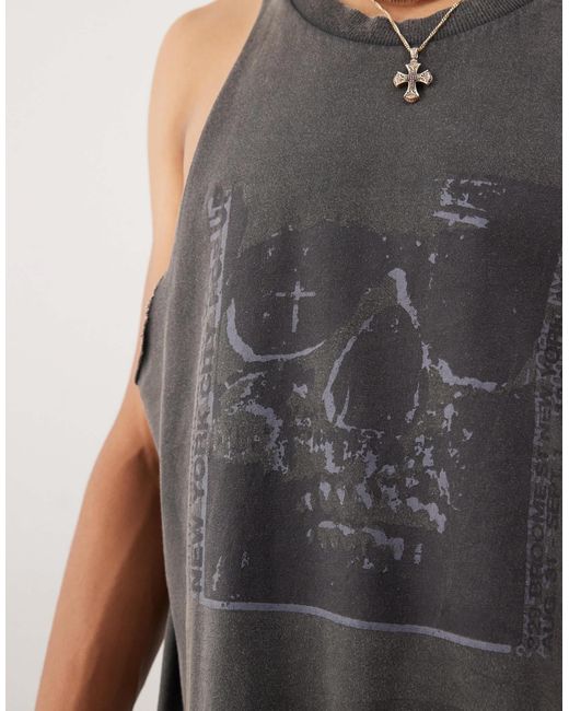 Collusion Gray Printed Cut Off Tank Top for men