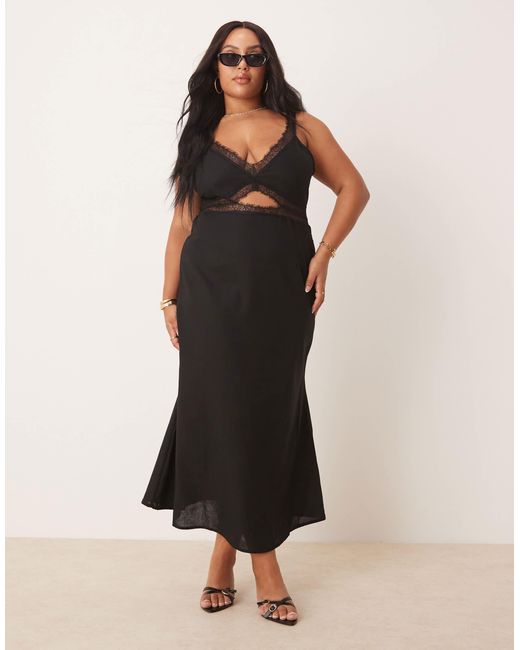 Never Fully Dressed Black – mimi – midaxi-kleid aus em leinen mit zierausschnitt