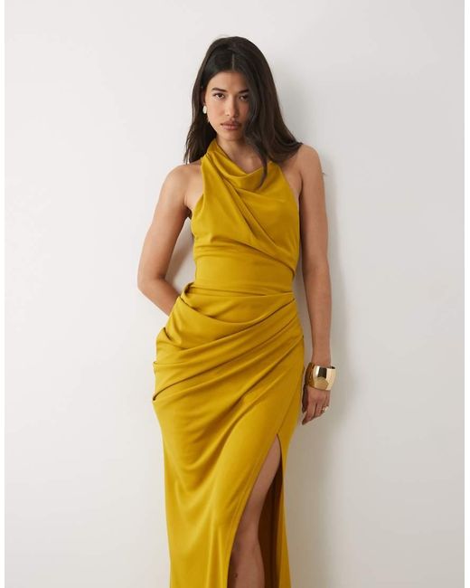 ASOS Metallic Ruched Waist High Neck Maxi Dress With Open Back