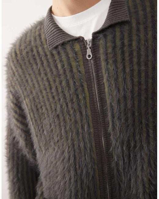 The Ragged Priest Black Unisex Fuzzy Ribbed Zip Through Cardigan for men