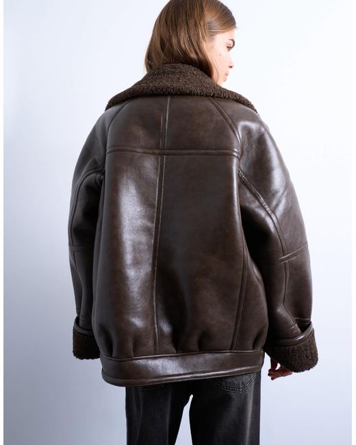 TOPSHOP Brown Vintage Wash Faux-shearling Aviator Bomber Jacket