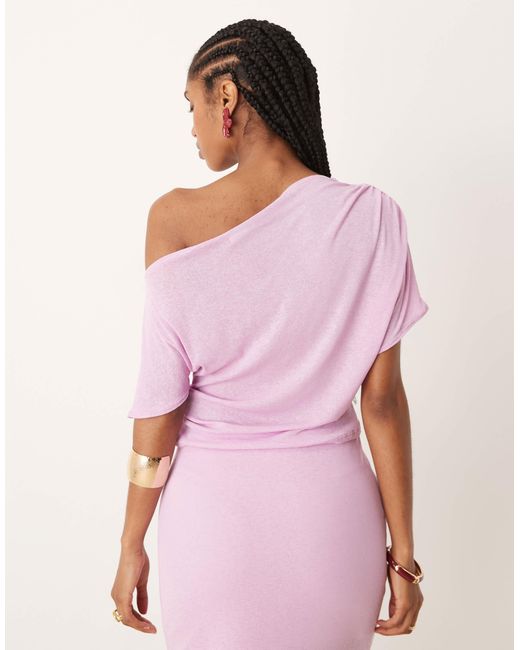ASOS Pink Mix & Match Mesh Semi Sheer Ruched Off Shoulder Top