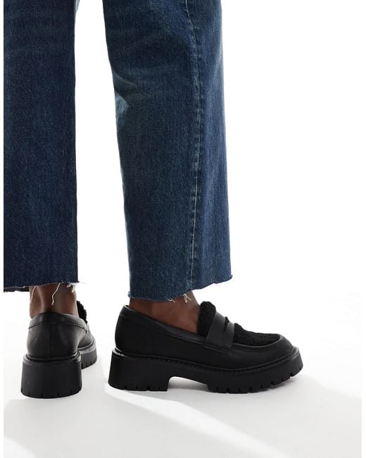 London Rebel Blue Olivia Contrast Teddy Fur Chunky Loafers
