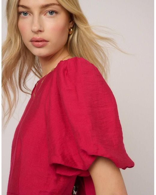 Nobody's Child Red Puff Sleeve Zola Midi Dress