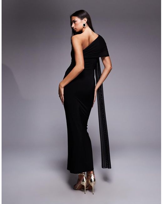 Kaiia Black Exclusive Double Layered Slinky Mesh One Shoulder Drape Detail Maxi Dress