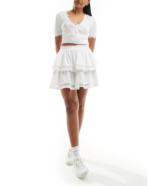 ASOS White Dobby Cotton Shirred Waist Lace Insert Rara Skirt
