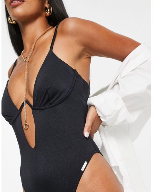 Free Society Petite Monowire Swimsuit With Deep Plunge Cut Out Detail in  Blue