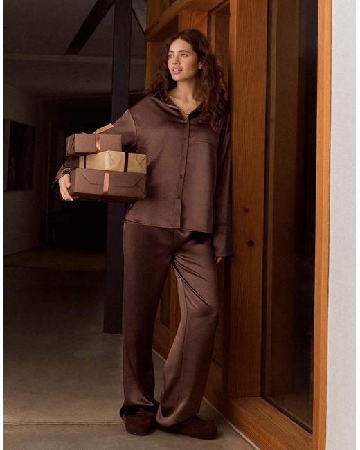 4th & Reckless Brown Satin Pocket Front Button Through Shirt Co-ord