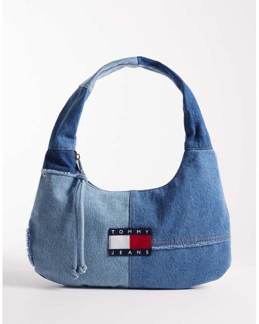 Tommy Hilfiger Blue Patchwork Denim Shoulder Bag With Logo