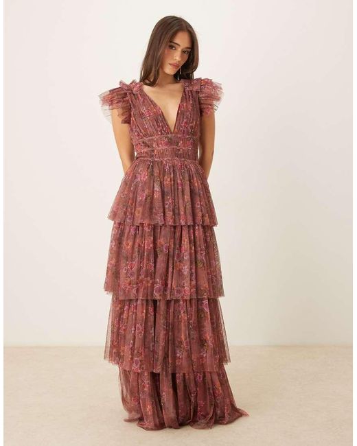 LACE & BEADS Maxi-Jurk Met Ruches Aan De Schouders, Stroken En Bloemenprint in het Brown