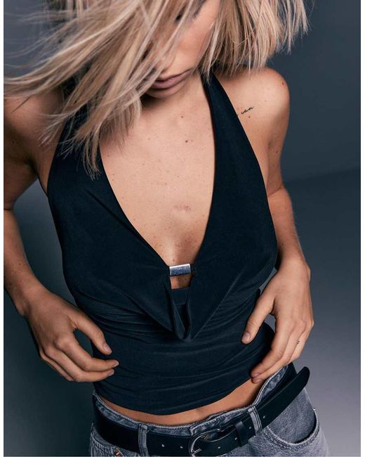 Stradivarius Blue Metal Detail Halter Top
